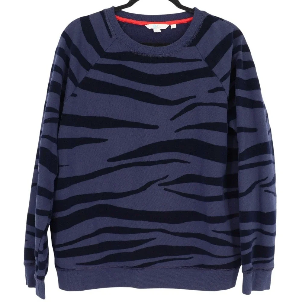 BODEN Women's Crewneck Pullover Size L Navy Blue Flocked Zebra Print Sweatshirt - Picture 1 of 5